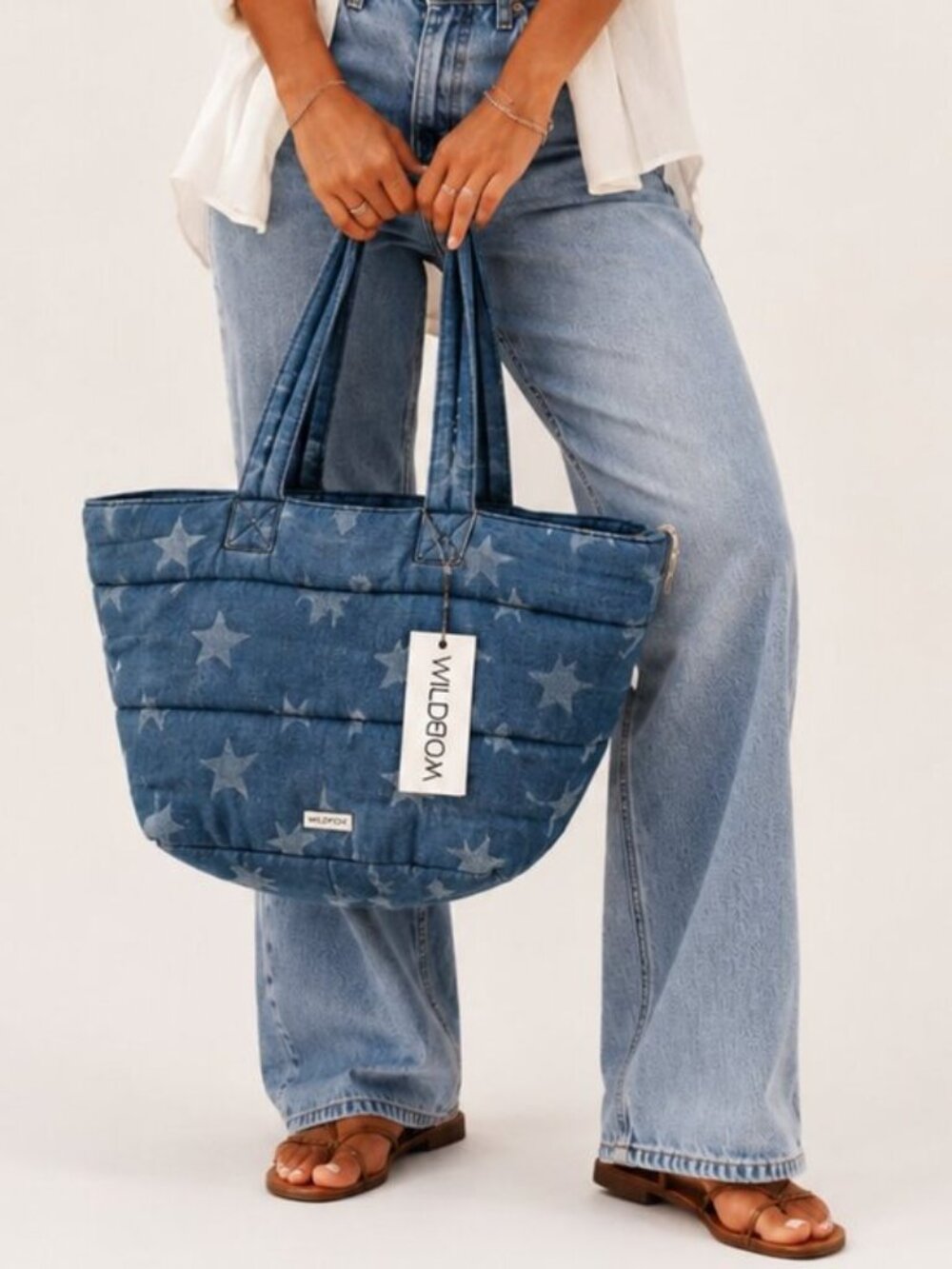 Wildfox Star Print Quilted Denim Tote Blue NWT